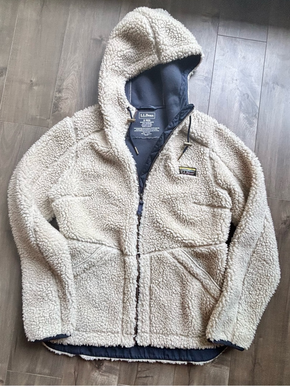 L.L. Bean Mountain High Pile Sherpa Fleece Hoodie Jacket Cream Navy Small